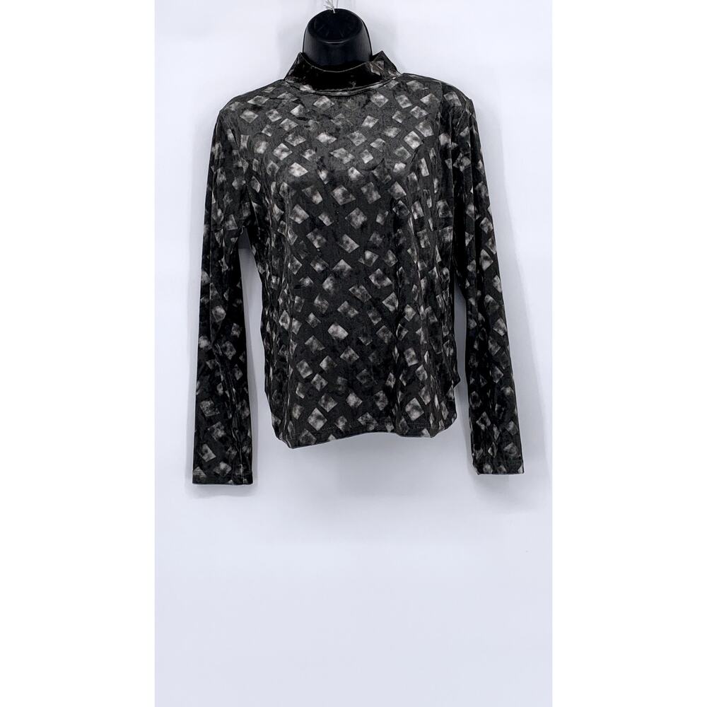 NOVELIA Women’s Charcoal Gray Printed Velvet Long Sleeve Turtleneck Top SZ M